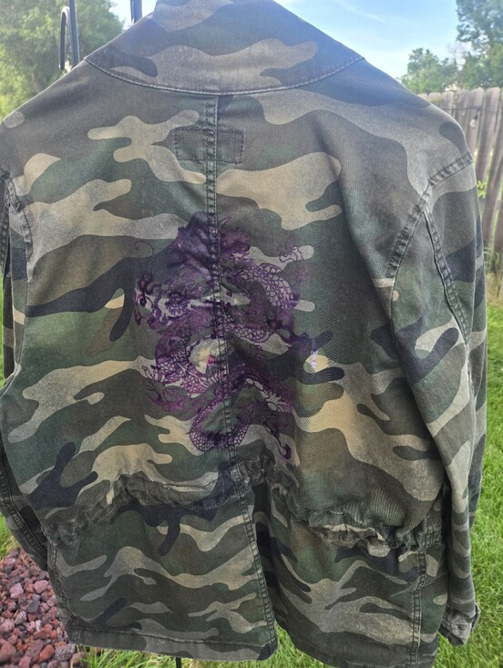 Upcycled Jackets & Blazers - “Camouflage Dragon Jacket – Boho Streetwear Statement Piece, Artistic Upcycled